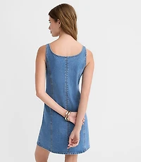 Denim Seamed Button Mini Dress in Classic Mid Wash