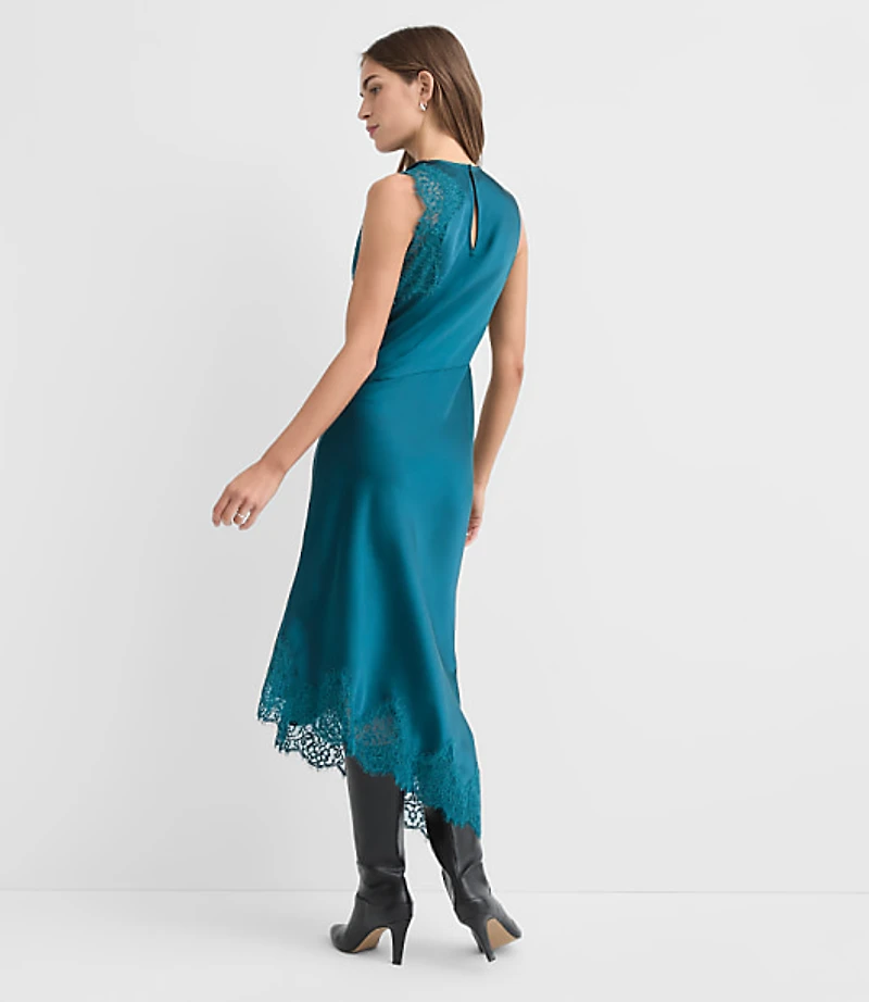Petite Lace Trim Satin Bias Midi Dress