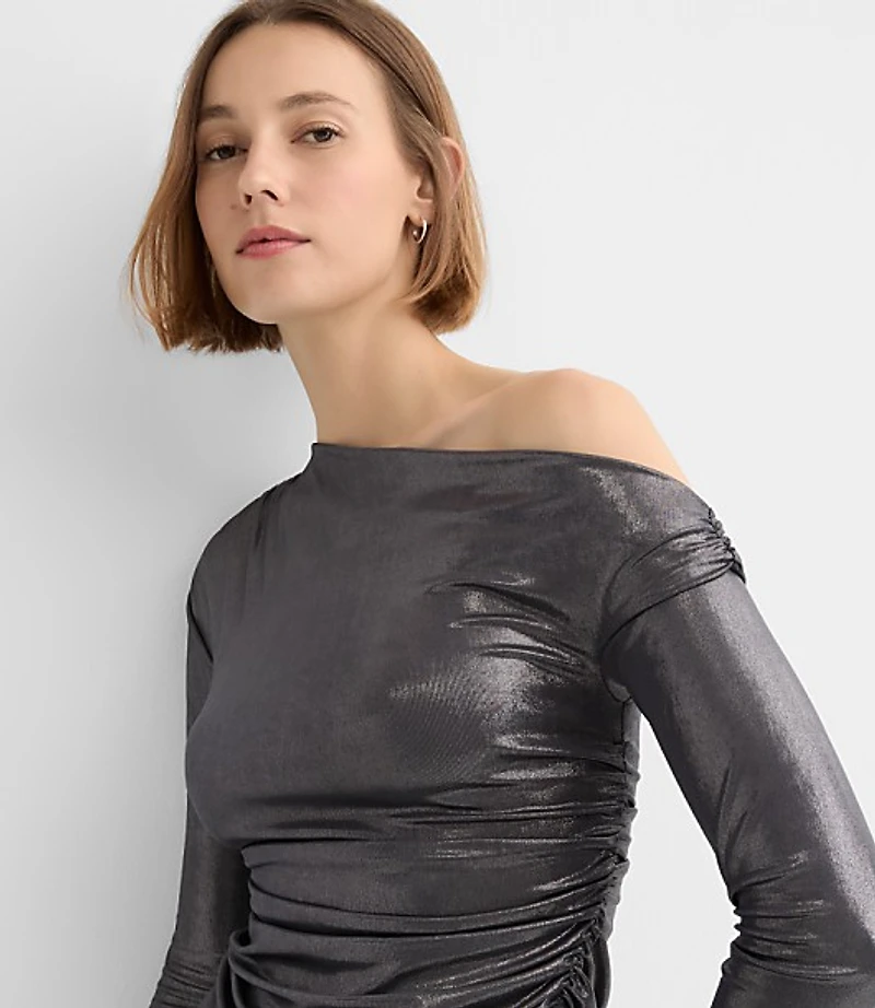 Metallic Asymmetrical Ruched Off The Shoulder Top