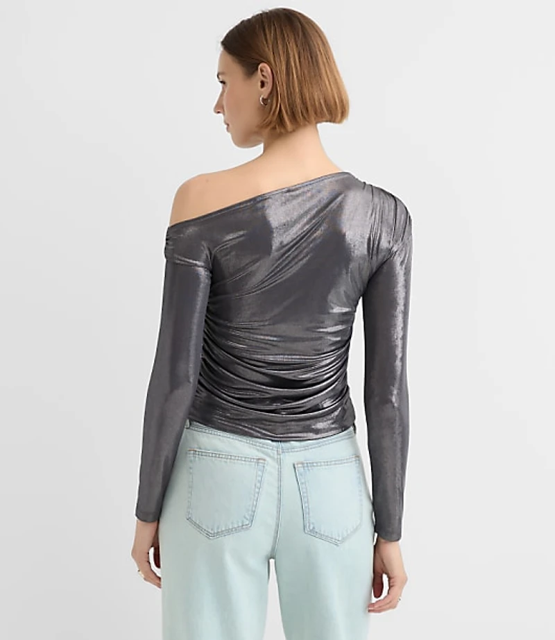 Metallic Asymmetrical Ruched Off The Shoulder Top