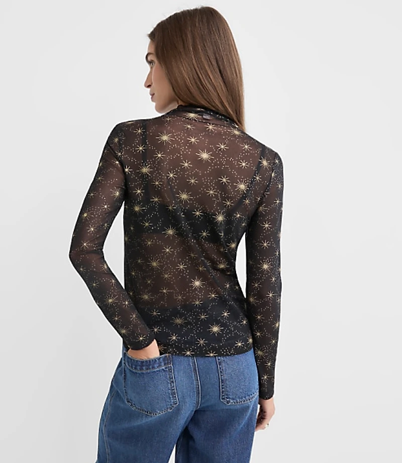 Petite Shimmer Celestial Mesh Ruffle Neck Top