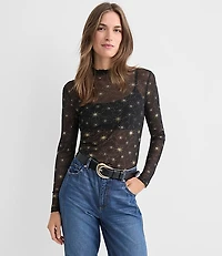 Shimmer Celestial Mesh Ruffle Neck Top