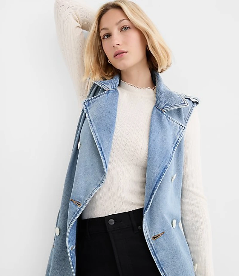 Petite Denim Sleeveless Trench Coat Light Wash