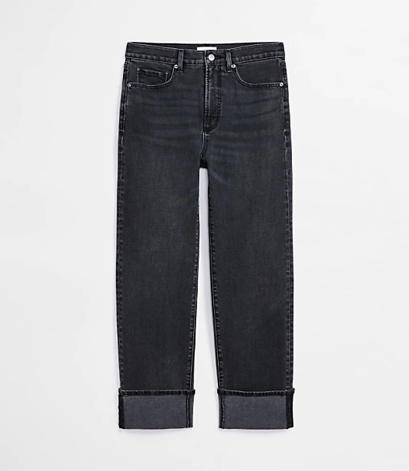 Rivete Petite Curvy Cuffed High Rise Straight Jeans Noir Wash