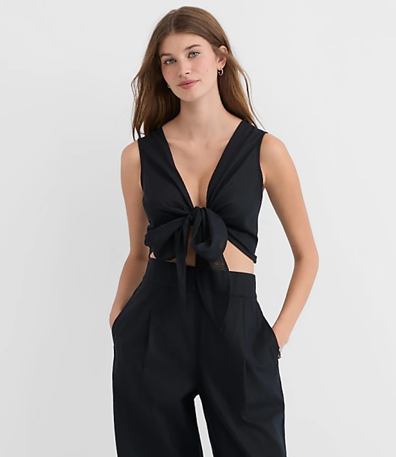LOFT Beach Linen Cotton Tie Front Top