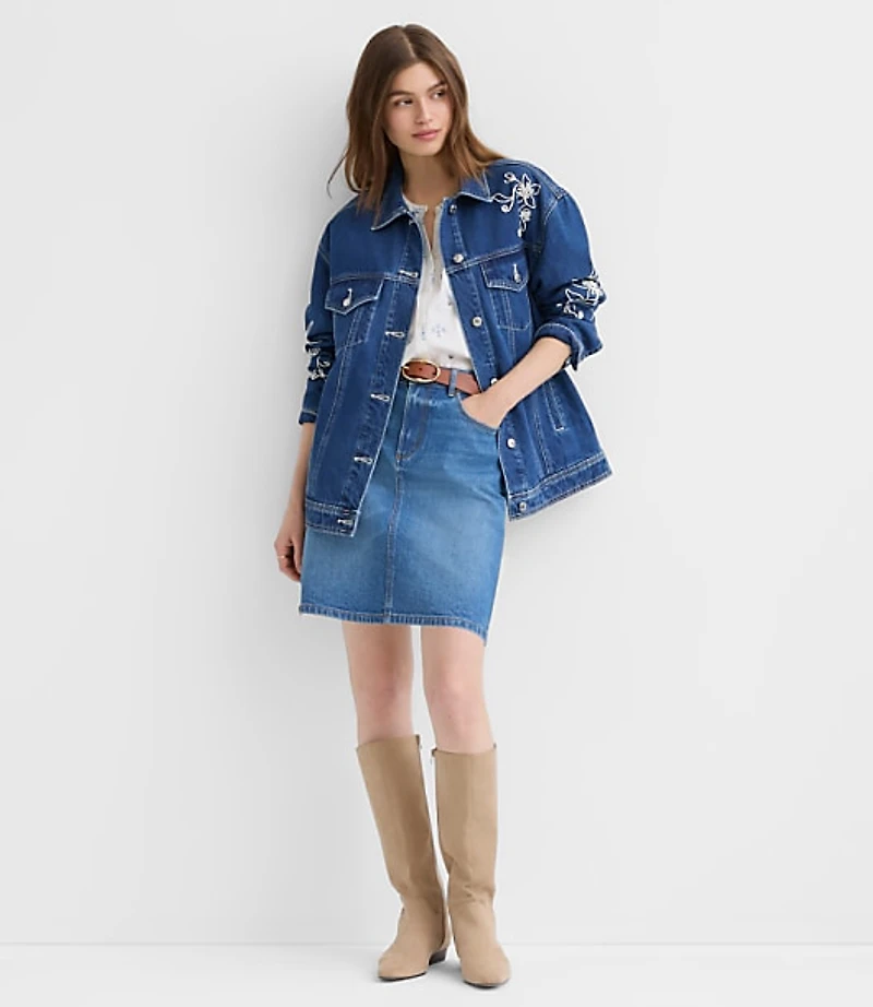 Floral Embroidered Oversized Denim Trucker Jacket Bright Indigo Wash