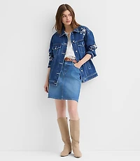 Floral Embroidered Oversized Denim Trucker Jacket Bright Indigo Wash