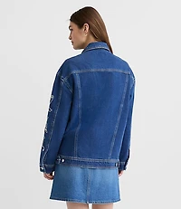 Floral Embroidered Oversized Denim Trucker Jacket Bright Indigo Wash