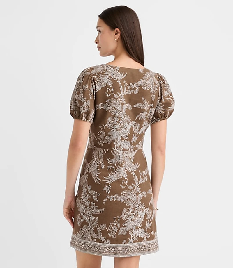 Floral Toile Linen Blend Puff Sleeve Mini Dress