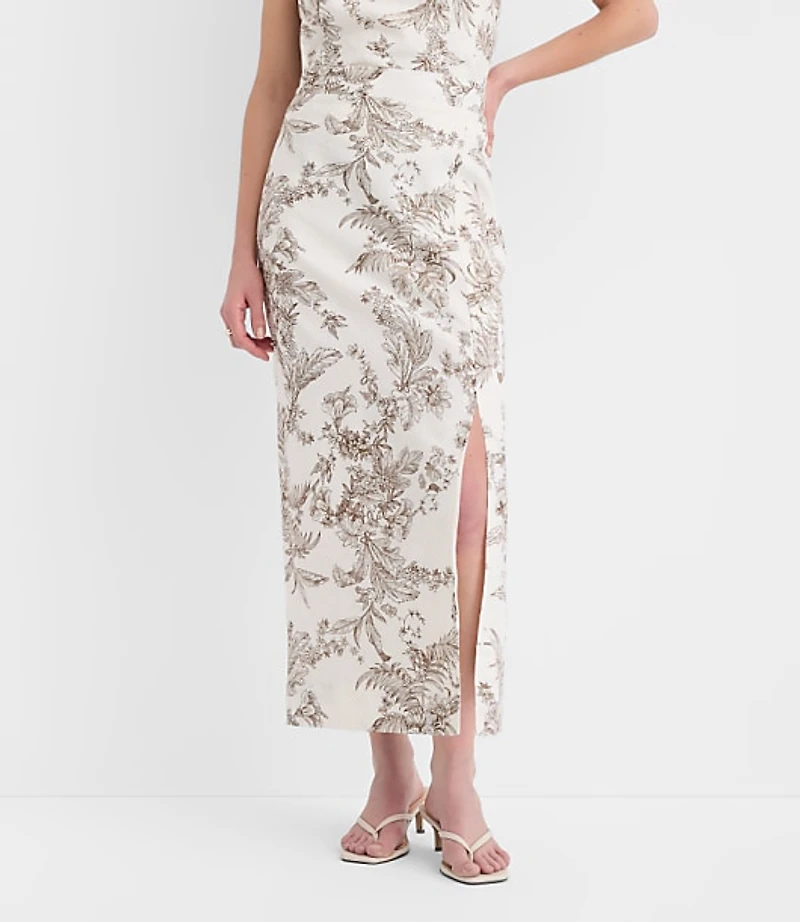 Floral Toile Linen Cotton Column Midi Skirt