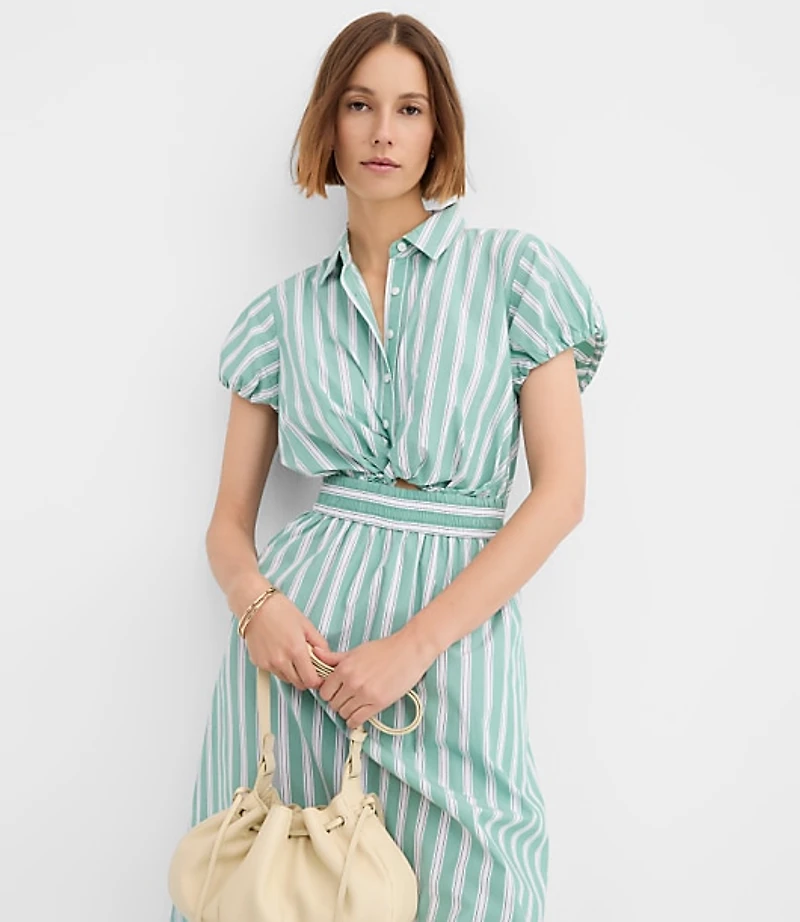 Striped Poplin Twist Midi Pocket Shirtdress