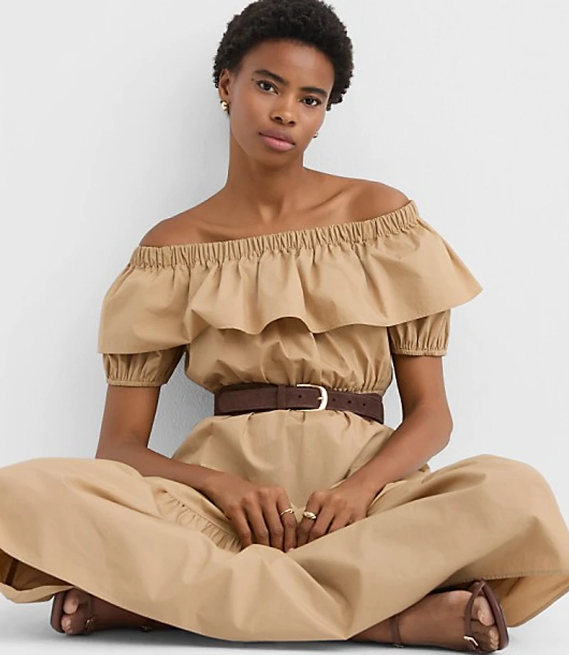 Petite Poplin Ruffle Off The Shoulder Maxi Pocket Dress