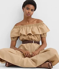 Petite Poplin Ruffle Off The Shoulder Maxi Pocket Dress