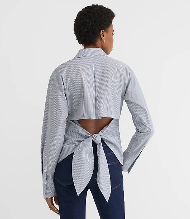 Petite Striped Cutout Tie Back Poplin Shirt