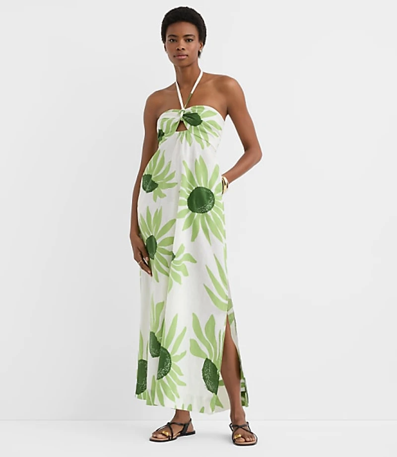 Petite LOFT Beach Floral Linen Cotton Halter Maxi Pocket Dress
