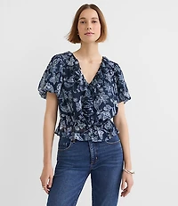 Petite Paisley Ruffle V-Neck Blouse