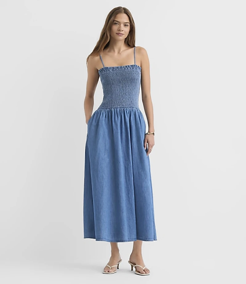Chambray Smocked Strappy Midi Pocket Dress