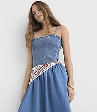 Chambray Smocked Strappy Midi Pocket Dress