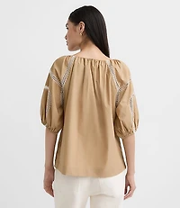 Petite Embroidered Poplin Puff Sleeve Blouse