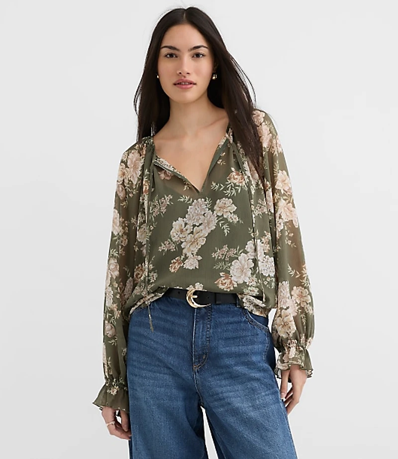 Floral Ruffle Cuff Tie Neck Blouse