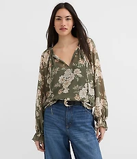 Floral Ruffle Cuff Tie Neck Blouse