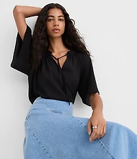 Shirred Ruffle Tie Neck Blouse