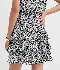 Petite Floral Shirred Ruffle Mini Skirt