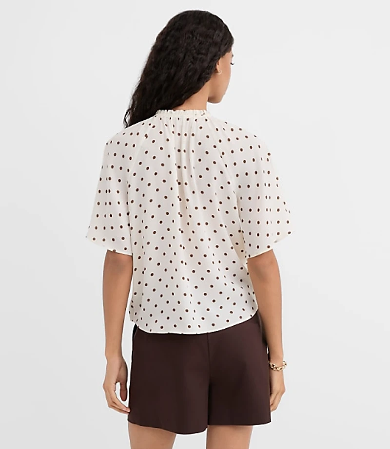 Dotted Ruffle Cuff Tie Neck Blouse