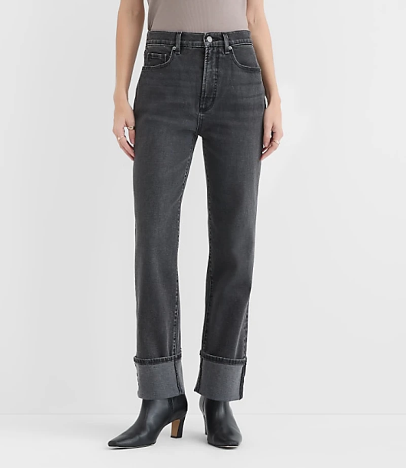 Rivete Short Cuffed High Rise Straight Jeans Noir Wash
