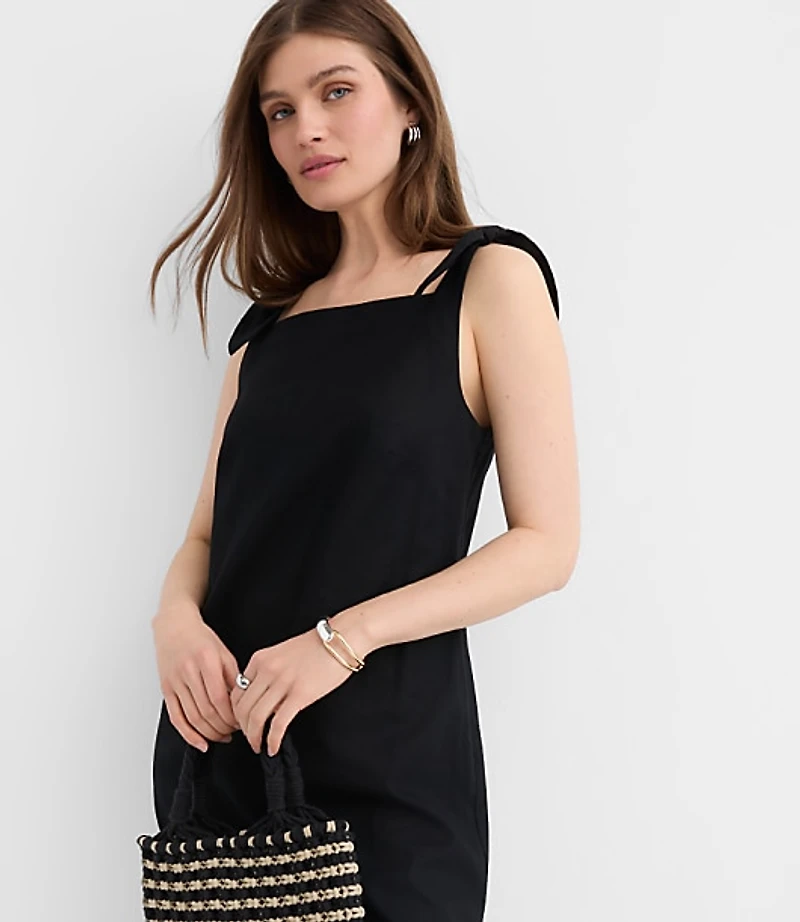 Linen Cotton Tie Boatneck Midi Dress