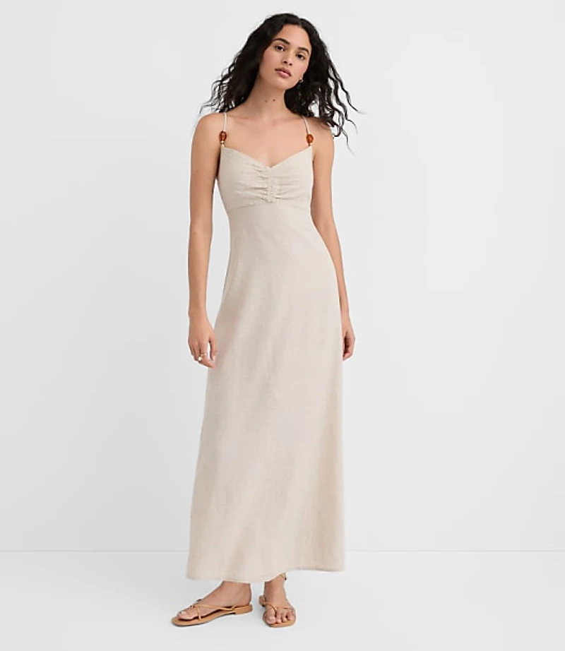 LOFT Beach Beaded Ruched Linen Cotton Maxi Dress