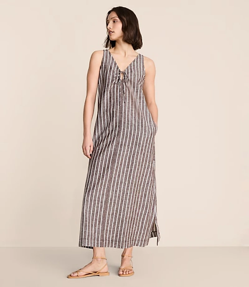 Lou & Grey Striped Linen Cotton Tie Keyhole Maxi Pocket Dress