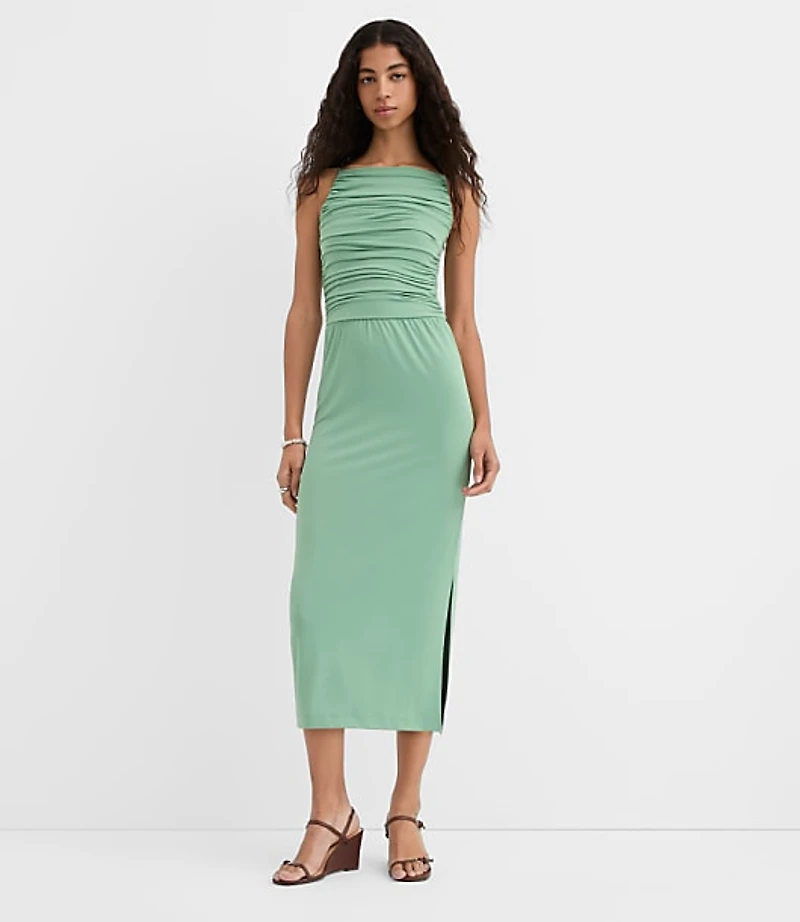 Petite Ruched Apron Neck Midi Dress