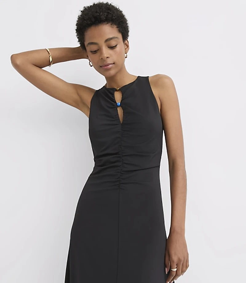 Beaded Keyhole Ruched Midi Dress