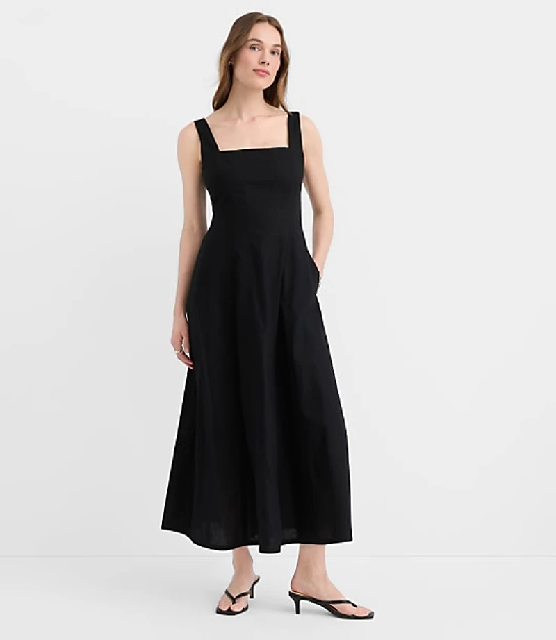 Linen Cotton Seamed Midi Pocket Dress