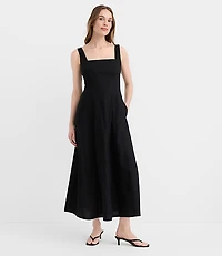 Linen Cotton Seamed Midi Pocket Dress