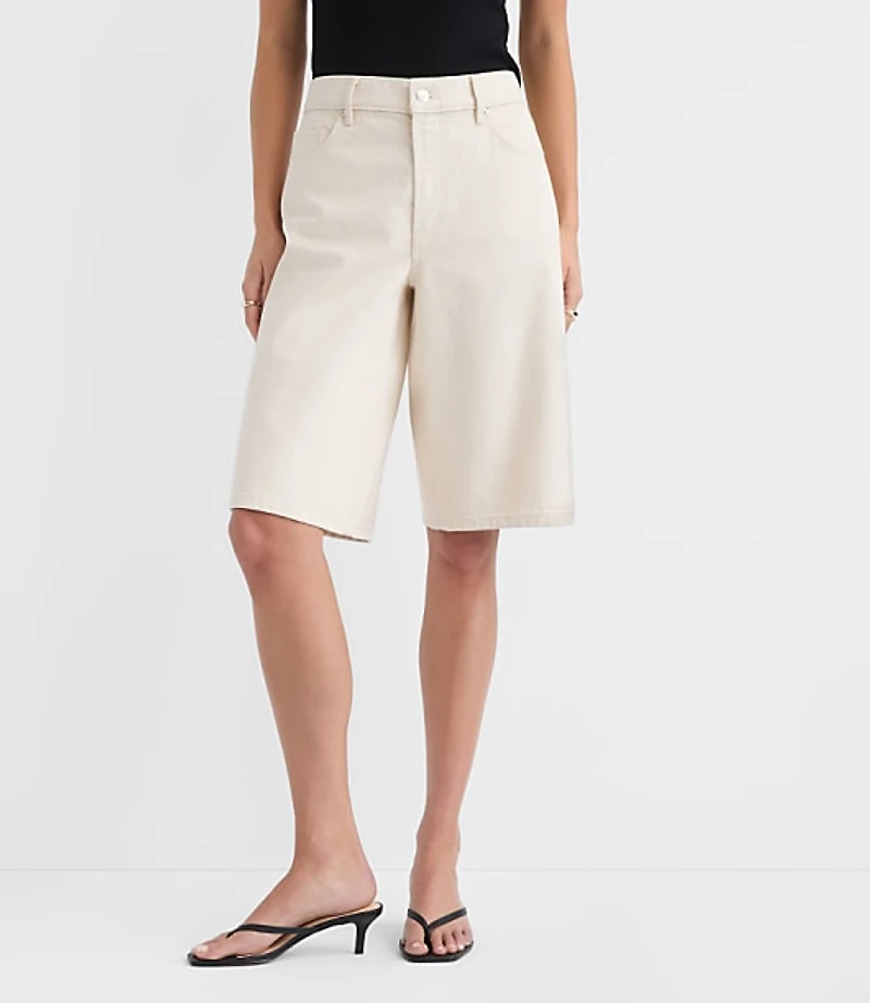 Rivete Petite High Rise Denim Bermuda Shorts in Ivory