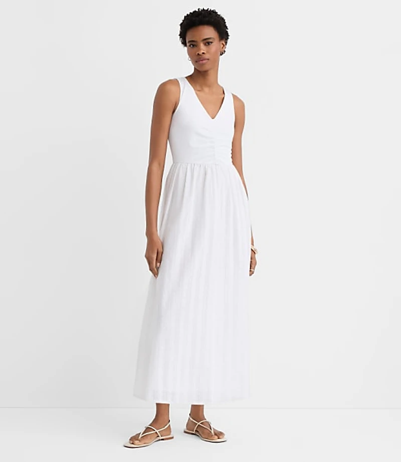 Petite Stripe Ruched Mixed Media Midi Pocket Dress