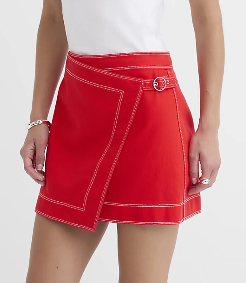 Topstitched Belted Wrap Skort