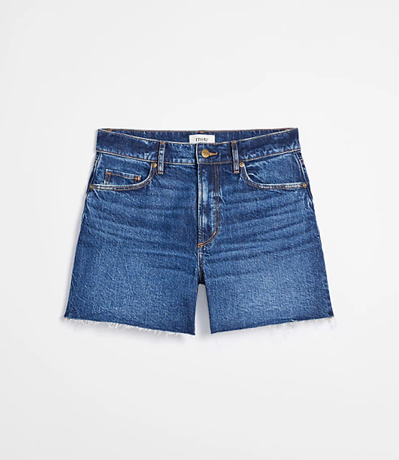 Rivete Petite Curvy Destructed High Rise Cut Off Denim Shorts in Dark Wash