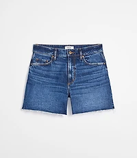 Rivete Petite Curvy Destructed High Rise Cut Off Denim Shorts in Dark Wash