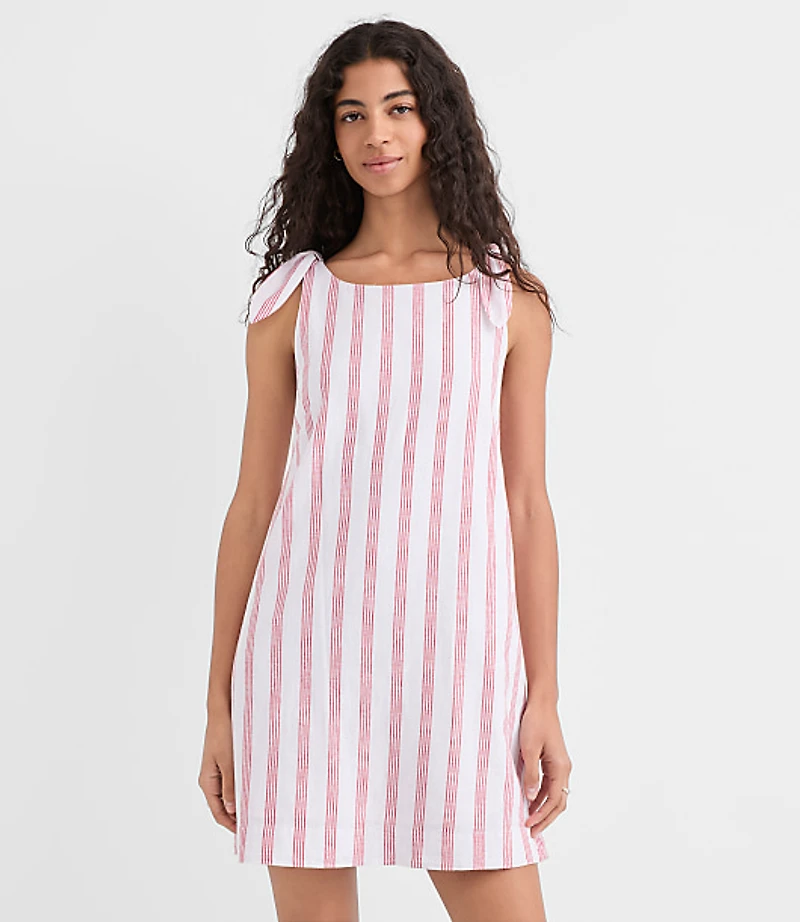 Petite Striped Linen Cotton Tie Boatneck Mini Dress