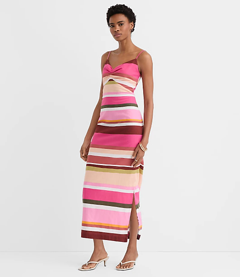 Petite Striped Linen Cotton Strappy Midi Dress