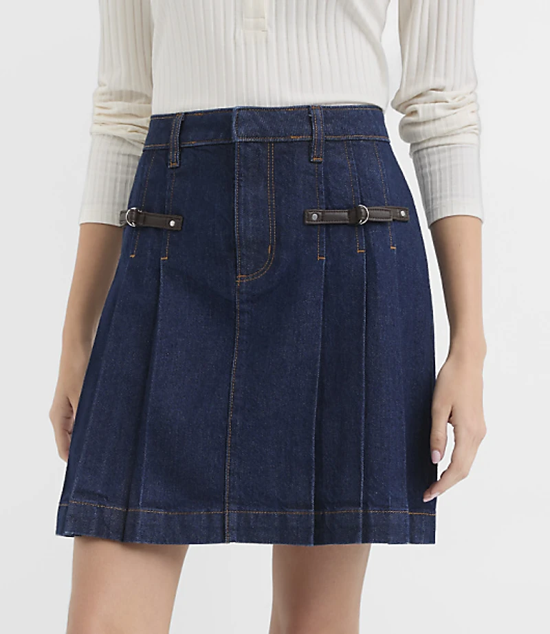 Faux Leather Buckle Pleated Denim Mini Skirt Classic Rinse Wash