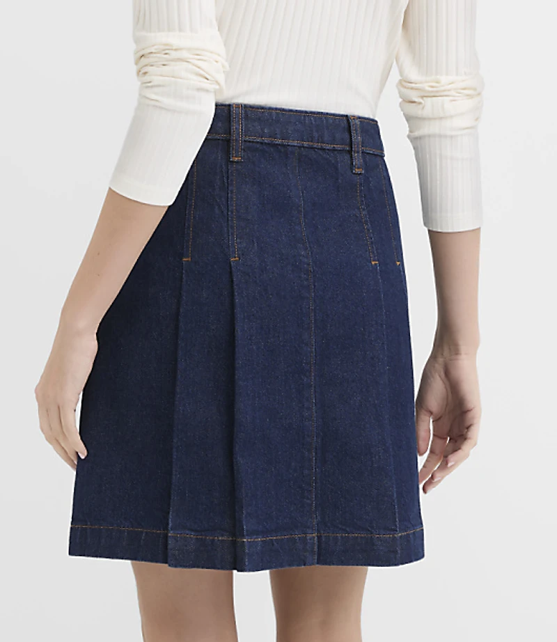 Faux Leather Buckle Pleated Denim Mini Skirt Classic Rinse Wash