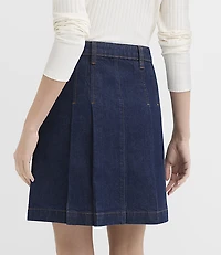 Faux Leather Buckle Pleated Denim Mini Skirt Classic Rinse Wash