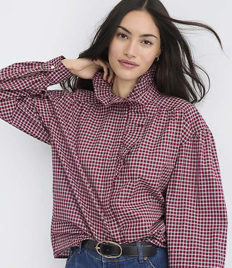 Plaid Ruffle Neck Blouse