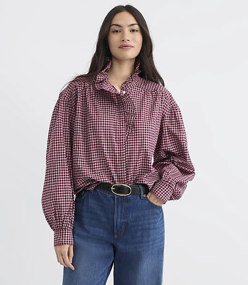 Plaid Ruffle Neck Blouse