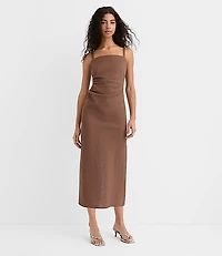 Petite Linen Cotton Ruched Strappy Midi Dress