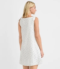 Petite Dotted Linen Cotton Tie Boatneck Mini Dress